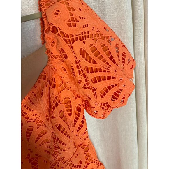 Flying Tomato Lace XL Mini Dress Puffed Sleeves Ruffled Hem Orange - Picture 4 of 7